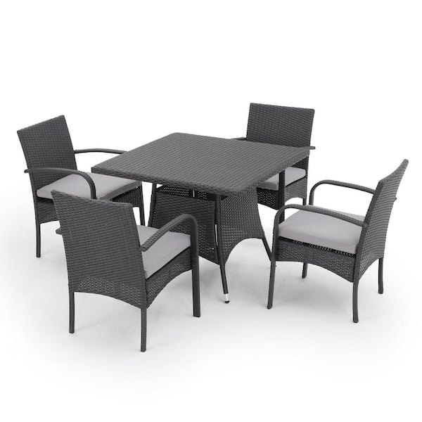 Lea Grey 5-Piece Faux Rattan Outdoor Dining Set with Grey Cushions