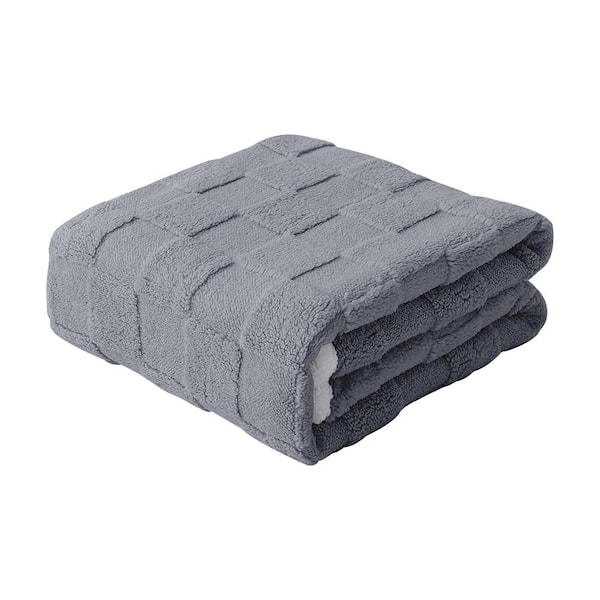 Jacquard Checkered Grey Fluffy Flannel Fleece 71 in. x 79 in. Blanket
