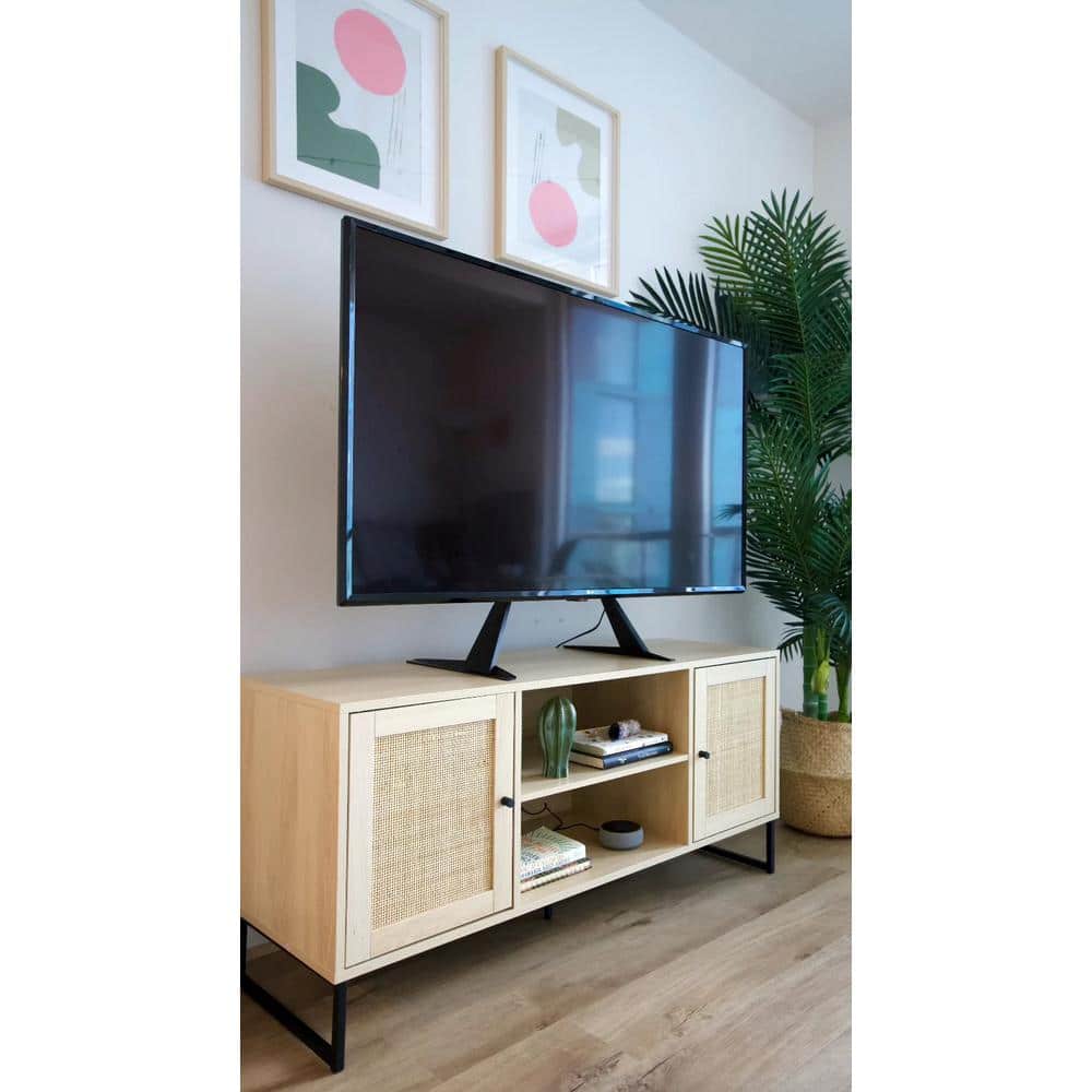 Mina Light Oak and Rattan TV Stand Set with Matte Black Accents
