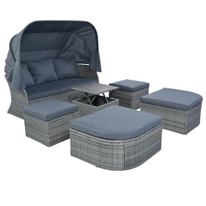 Wicker Outdoor Furniture Set Day Bed Sunbed with Cushions Retractable Canopy