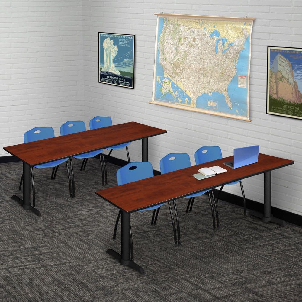 Cain 84 in x 24 in. Cherry T-Base Training Seminar Table Desk and 3 M Stack Chairs-Blue price history on PriceWatchPro