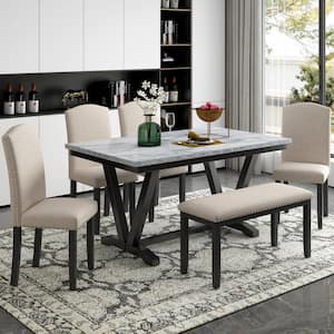 Modern Style 6-Piece White Marbled Top Dining Set with V-Shaped Table Legs