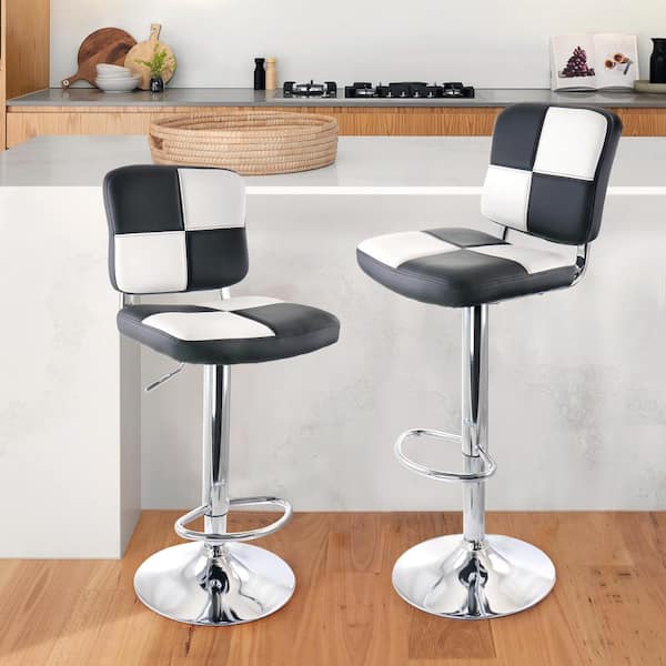 2 Piece Adjustable Fux Leather Bar Stool in Black and White with Chrome Base