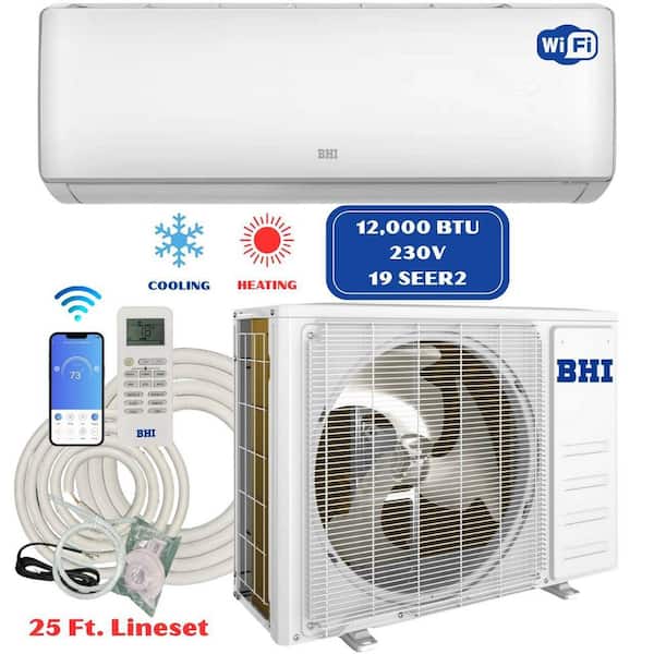 BHI 12,000 BTU 230-Volt, 19-SEER2, Wi-Fi Control, 600 sq. ft. Ductless Mini Split AC with Heat Pump, 1-Ton, 25 ft. Lineset