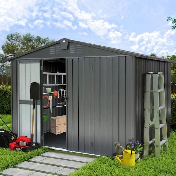 10 ft. W x 8 ft. D Outdoor Metal Storage Shed Tool Cabinet with Lockable Double Door for Backyard, Black (80 sq. ft.)