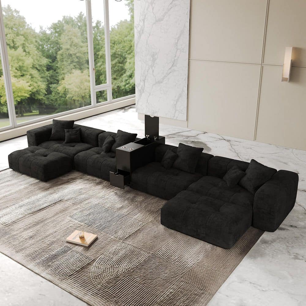 183 in. Oversized Square Arm Linen U Shaped Modular Sectional Sofa 4-Seater with 2-Ottomans in Black