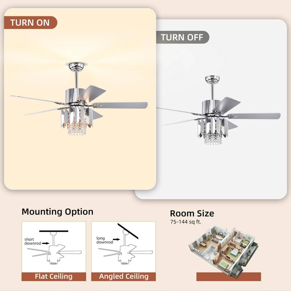 52" Chrome Crystal Ceiling Fan with Reversible Blades and Remote