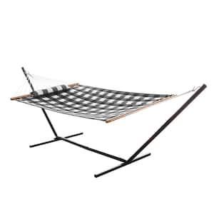 11 ft. Quilted 1-Person Hammock with Stand and Detachable Pillow, Black and White Checkered Pattern