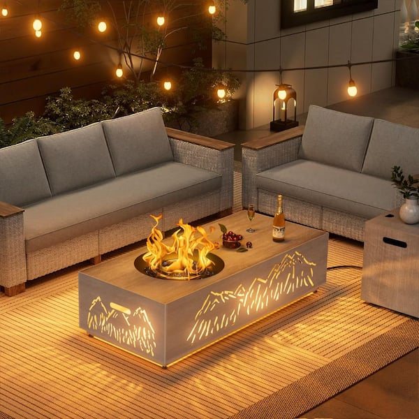 48 in. Gray Outdoor Firepit Table Propane Fire Pit with Golden LED Light Tank Cover Rain Cover and Blue Glass Beads