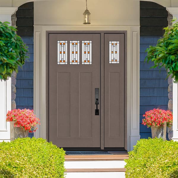 Regency 53 in. x 80 in. 3Lite Amberton Deco Glass LHIS Ashwood Stain Fir Grain Fiberglass Prehung Front Door w/14in.SL