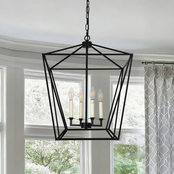 Industrial 4-Light Black Geometric Chandelier for Kitchen Island with No Bulbs Included