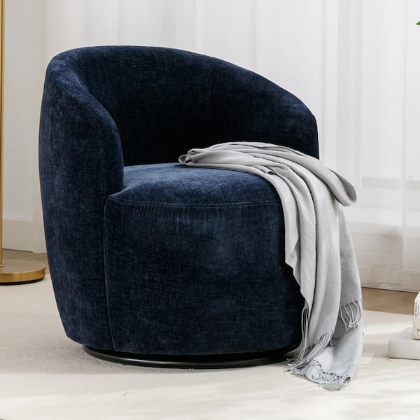 Blue Chenille Fabric Swivel Accent Armchair with Black Powder Coating Metal Ring
