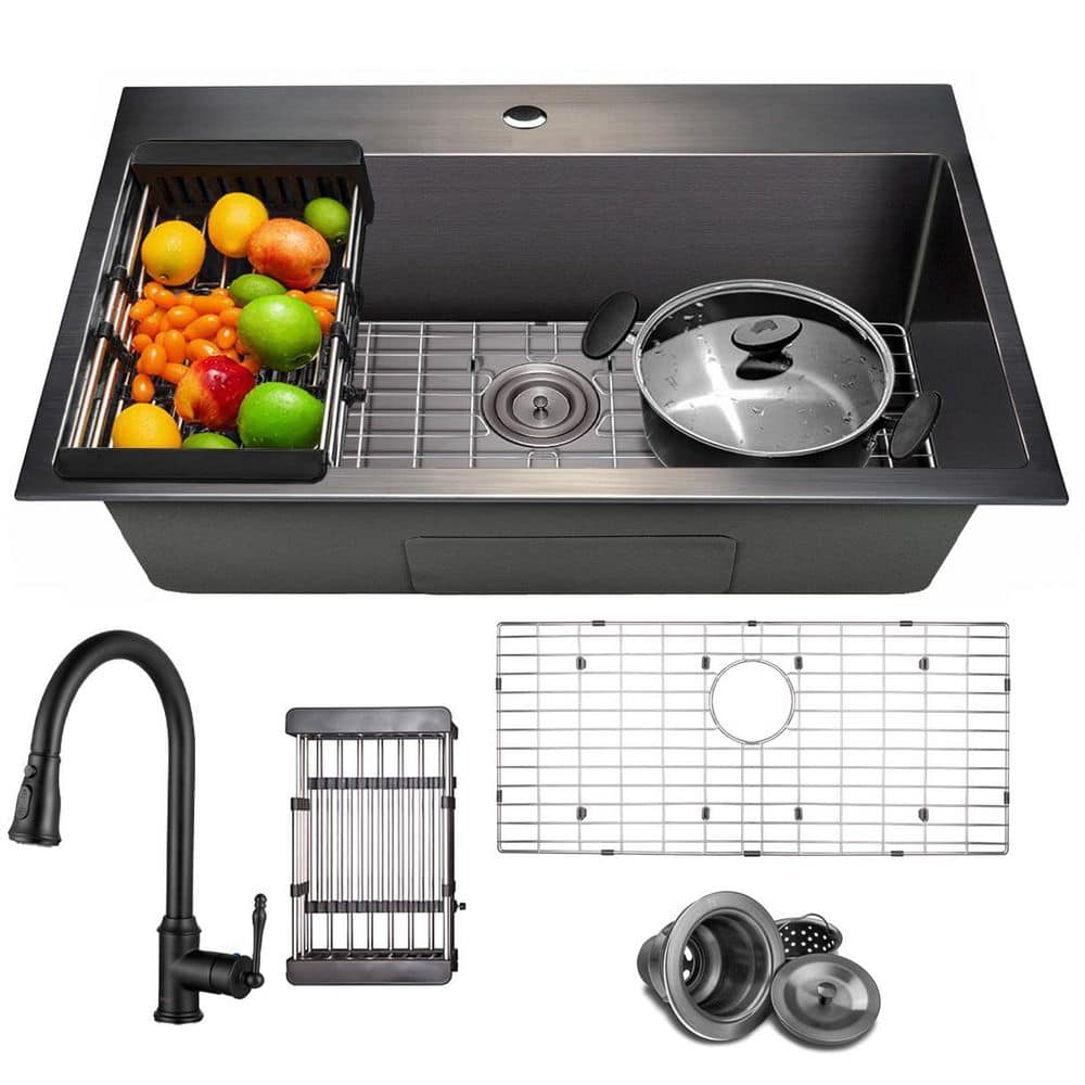 All-in-One Matte Black Finished Stainless Steel 33 in. x 22 in. Drop-In Single Bowl Kitchen Sink with Pull-Down Faucet price history