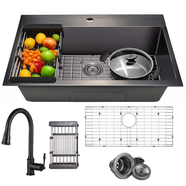All-in-One Matte Black Finished Stainless Steel 33 in. x 22 in. Drop-In Single Bowl Kitchen Sink with Pull-Down Faucet