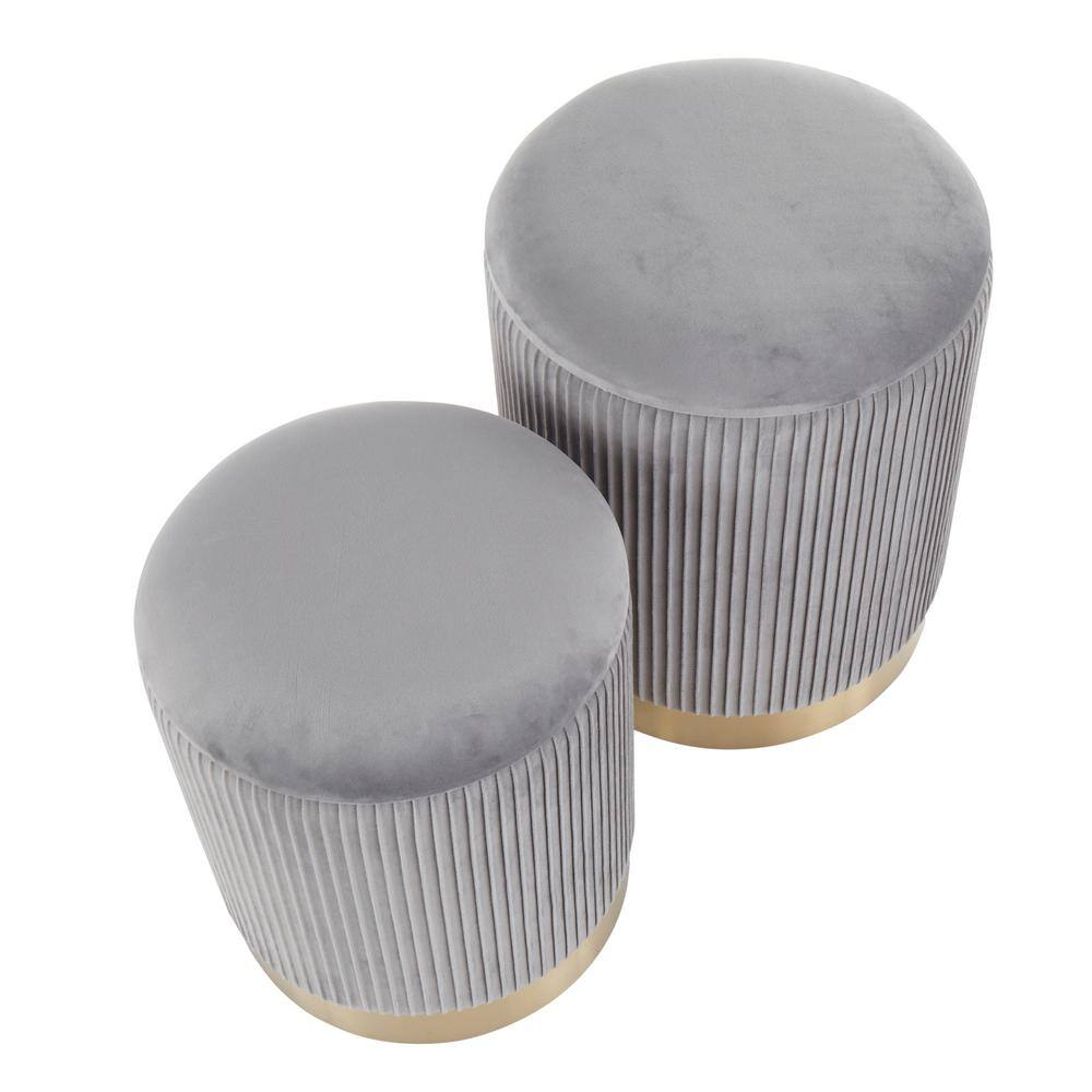 Gray Velvet Pleated Nesting Ottomans with Gold Metal Base
