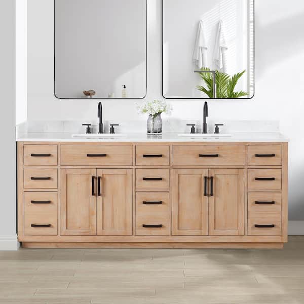 Altair Gavino 84 in.W x 22 in.D x 34 in.H Bath Vanity in Light Brown with Grain White Composite Stone Top