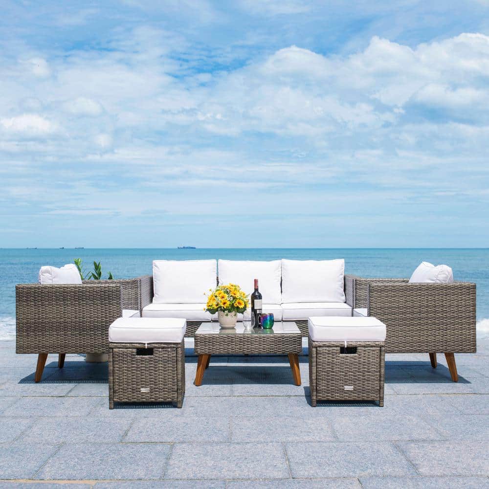 Presla 6-Piece Gray Brown Wicker Patio Set with White Cushions