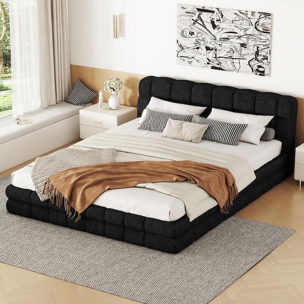 Harper & Bright Designs Black Wood Frame Queen Size Berber Fleece Upholstered Platform Bed with Stitching Details