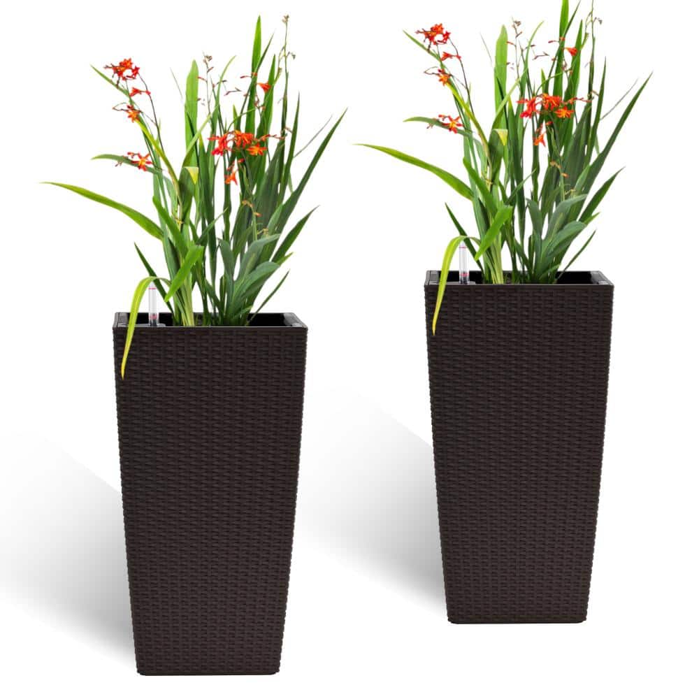2Pcs 22 Inch High Brown Square Faux Rattan Self-Watering Planter｜Set price history on PriceWatchPro