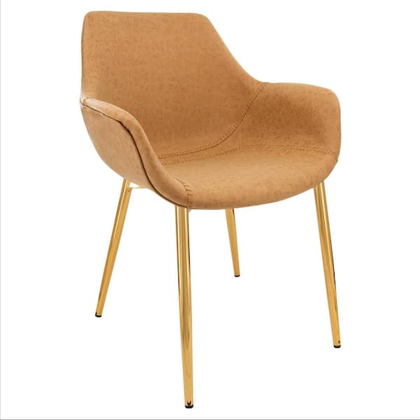 Leisuremod Markley Modern Leather Dining Arm Chair With Gold Metal Legs in Light Brown
