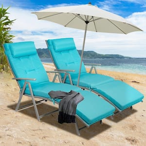 Lightweight Metal Folding Outdoor Chaise Lounge with Blue Cushions