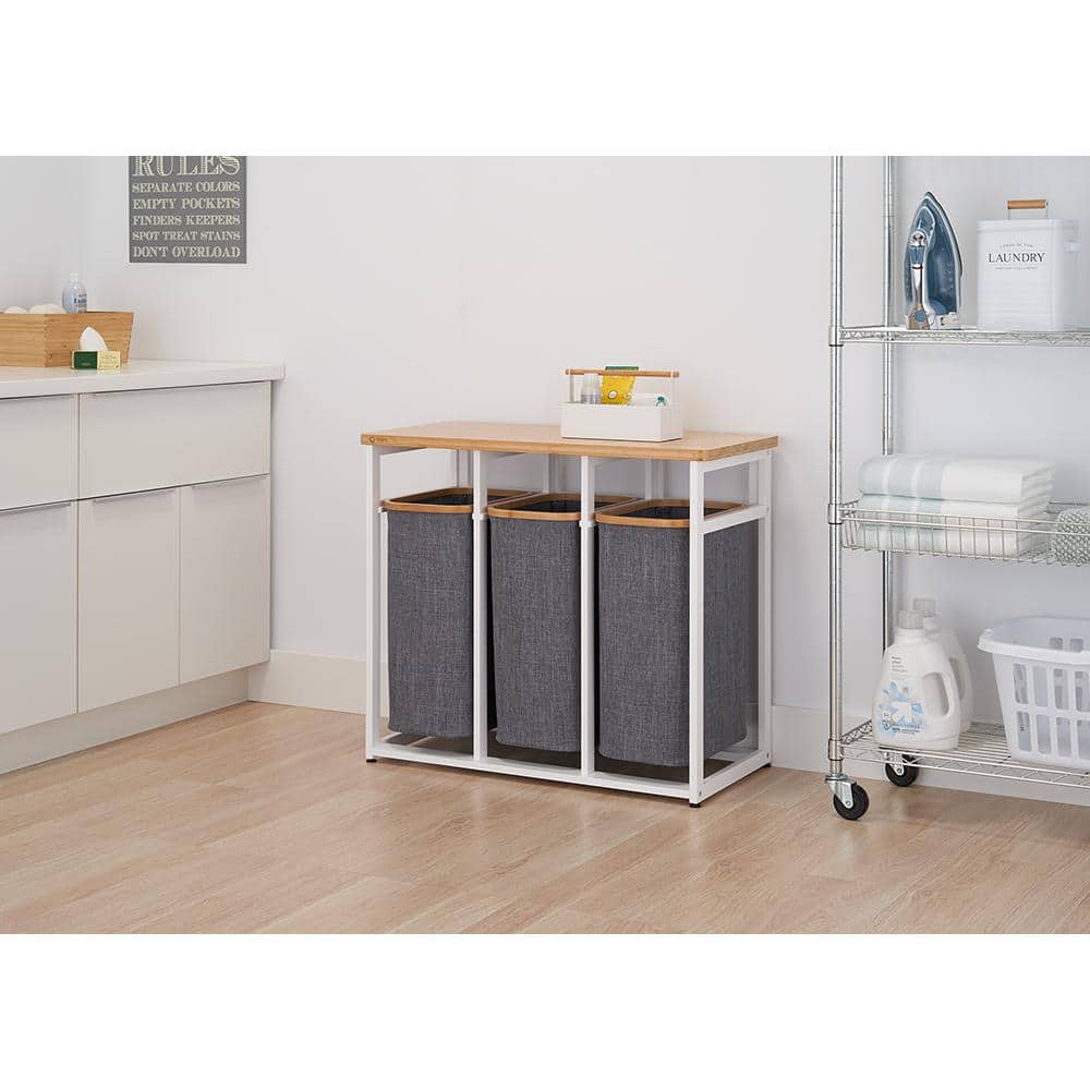 White Bamboo and Gray Polyester Collapsible Laundry Sorter