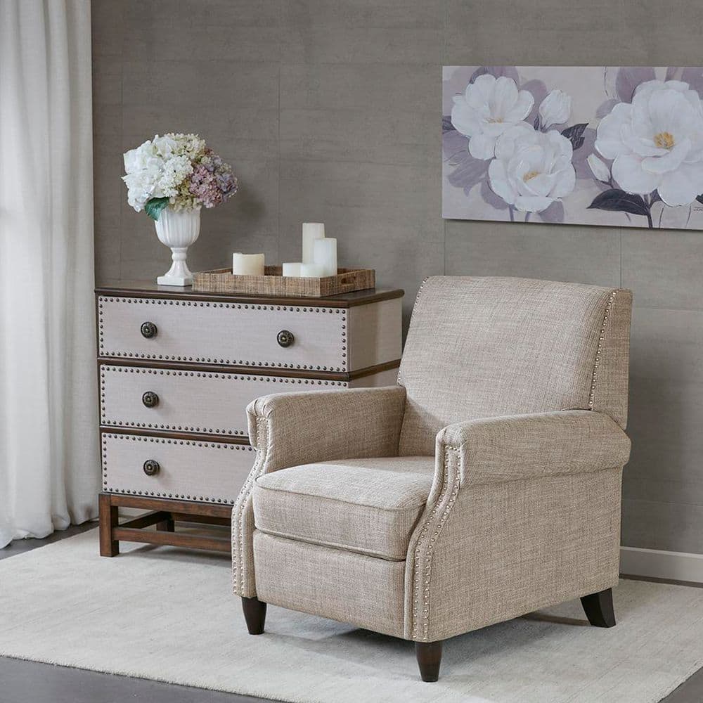 Transitional Sand Polyester Push Back Recliner with Silver Nailhead Trim and Solid Wood Frame