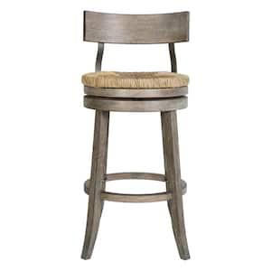 Farmhouse 31in. Wood Bar-Height Bar Stool with Natural Seagrass Seat, Reclaimed Gray