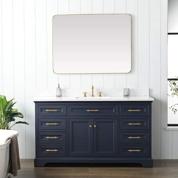 SUDIO Thompson 60 in. W x 22 in. D Bath Vanity in Indigo Blue with Engineered Stone Top in Carrara White with White Sink