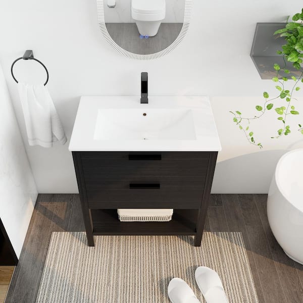 Unbranded 30 in. W x 18 in. D x 33 in. H Freestanding Single Sink Bath Vanity in Black Chestnut with White Ceramic Top