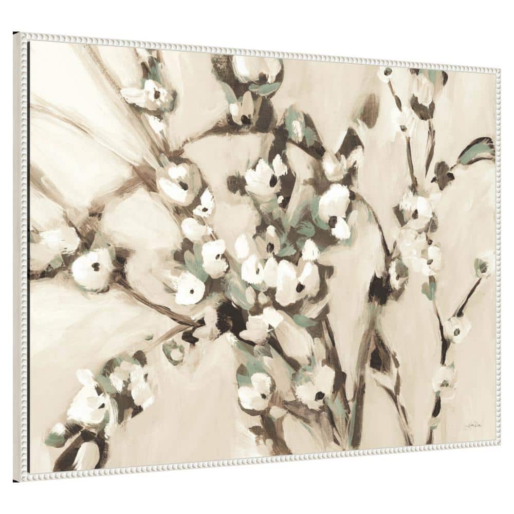 Wild Floral Branches Neutral Canvas Art with White Beaded Frame