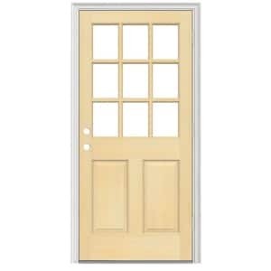 30 in. x 80 in. 9-Lite Unfinished Wood Prehung Left-Hand Outswing Entry Door w/Unfinished AuraLast Jamb and Brickmold