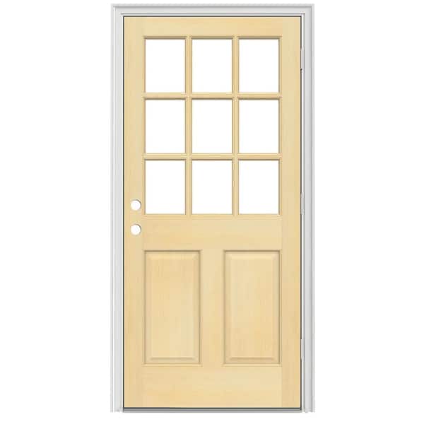 JELD-WEN 30 in. x 80 in. 9-Lite Unfinished Wood Prehung Left-Hand Outswing Back Door w/Unfinished AuraLast Jamb and Brickmold