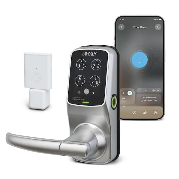 Secure Pro Satin Nickel Smart WiFi Mobile App-Controlled Lever Latch, 3D Fingerprint, Keypad, Works w/ Hey Google/Alexa