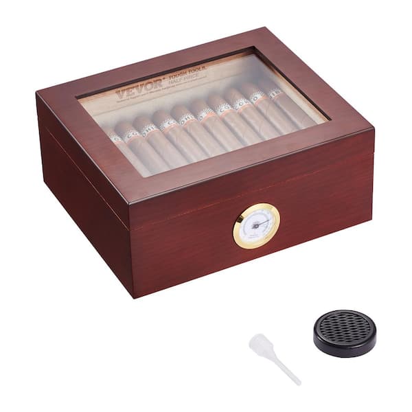 VEVOR Cigar Humidor, Glass Top Cigar Humidor Box 4.5 in. H 8.7 in. W Wood Cigar Desktop Box Cigar Storage Case 30-50 Cigars