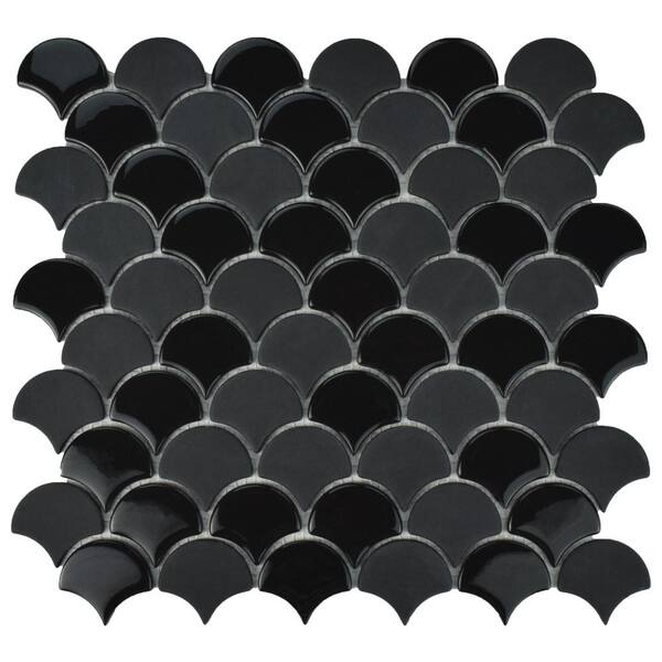 Merola Tile Expressions Scallop Black 11 1 4 In X 12 In X 7 Mm Glass Mosaic Tile 0 94 Sq Ft Each Fasescbk The Home Depot