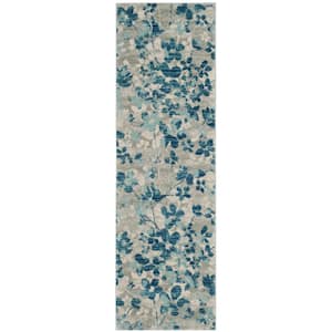Evoke Gray/Light Blue 2 ft. x 11 ft. Floral Runner Rug