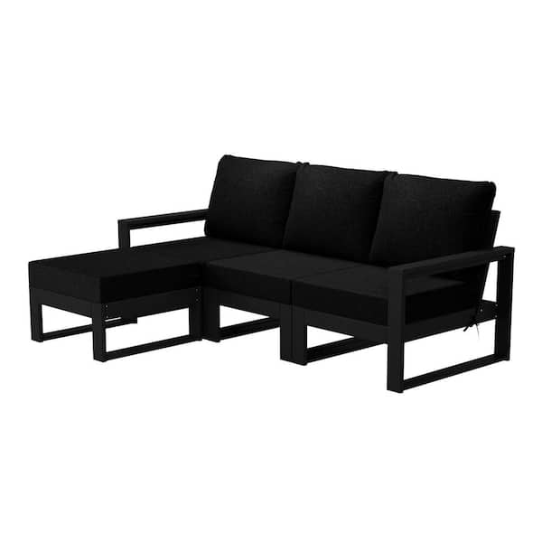 WESTIN OUTDOOR Endless Black Frame 4-Piece HDPE Plastic Outdoor Deep Seating Sectional Set with Ottoman with Black Cushions
