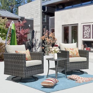 Megon Holly Gray 3-Piece Wicker Patio Conversation Seating Sofa Set with Beige Cushions and Swivel Rocking Chairs