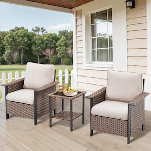 Nyajiah 3-Piece Wicker Patio Conversation Set with Beige Cushions