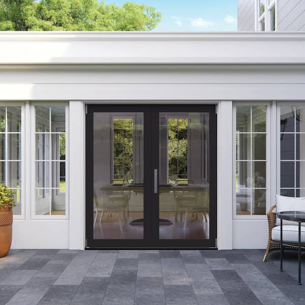 60 in. x 80 in. Right-Hand Folding Black Fiberglass 2-Panel Patio Door w/ Low-E Glass and Nickel Handle