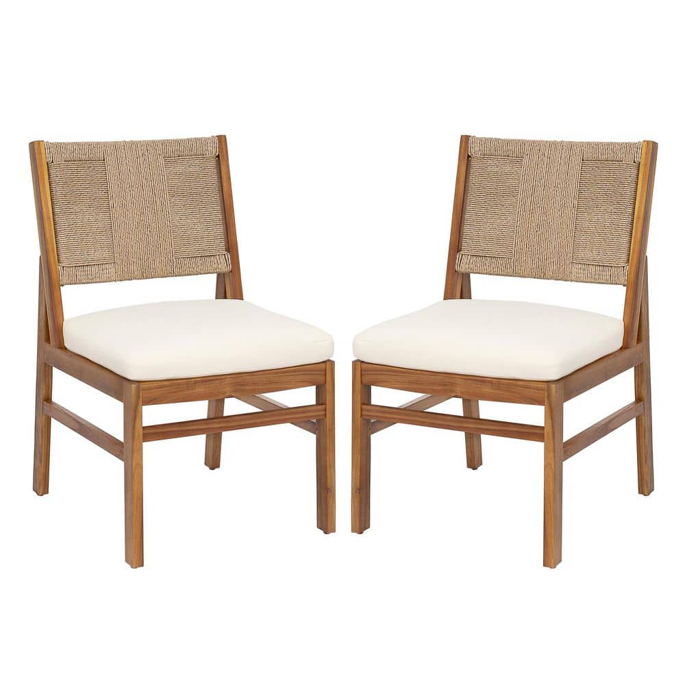Asa Teak Finish + Light Brown Solid Wood Patio Outdoor Dining Chair with Cream Cushions, Wicker Back, (Set of 2)