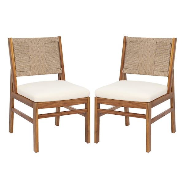 Asa Teak Finish + Light Brown Solid Wood Patio Outdoor Dining Chair with Cream Cushions, Wicker Back, (Set of 2)