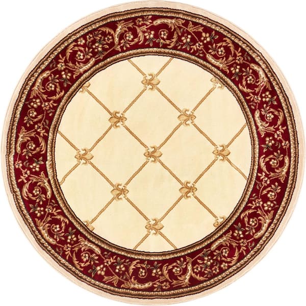 Well Woven Timeless Fleur De Lis Ivory Traditional Trellis Floral Border 5 ft. x 5 ft. Round Area Rug