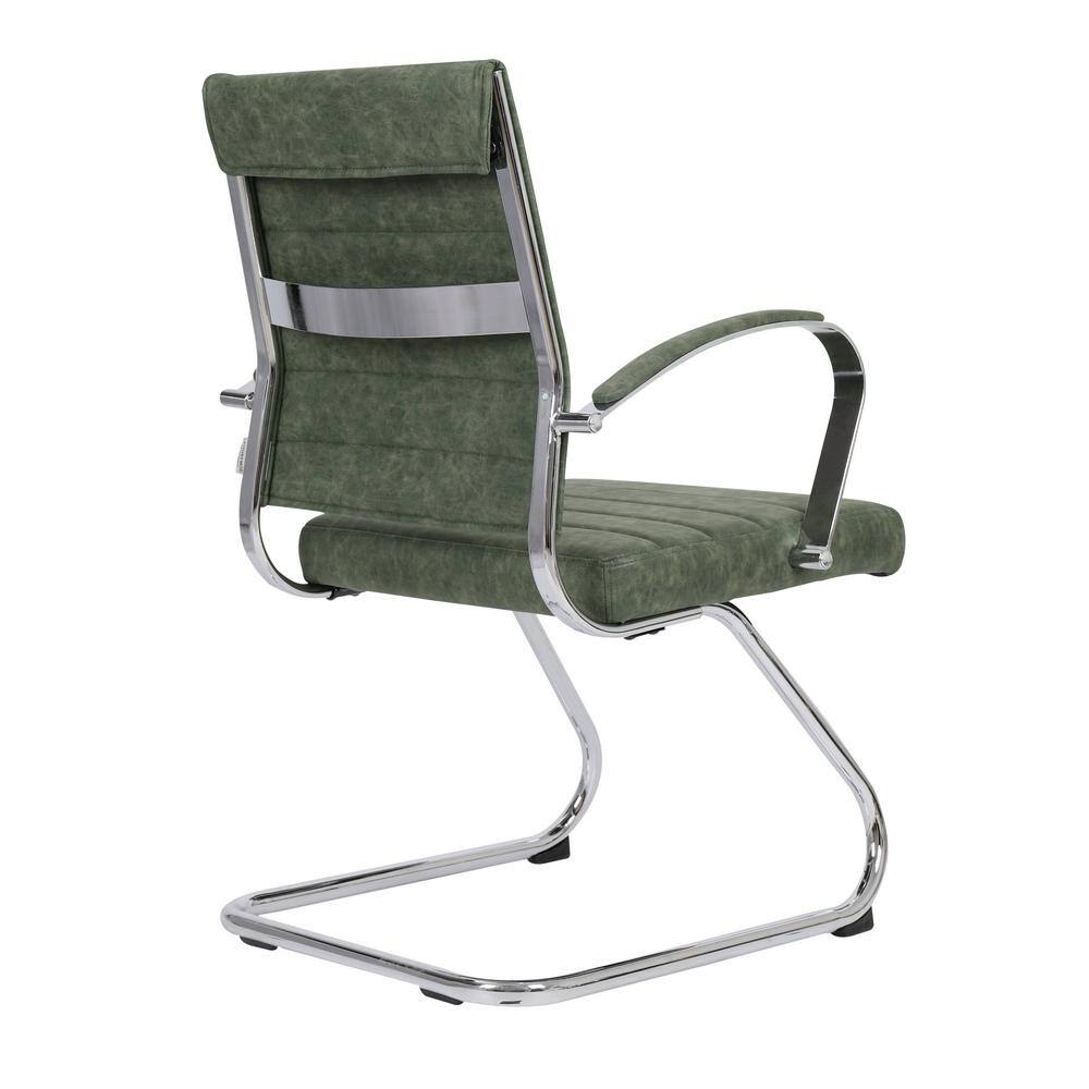 Green Leather Office Chair with Fixed Arms and Metal Frame