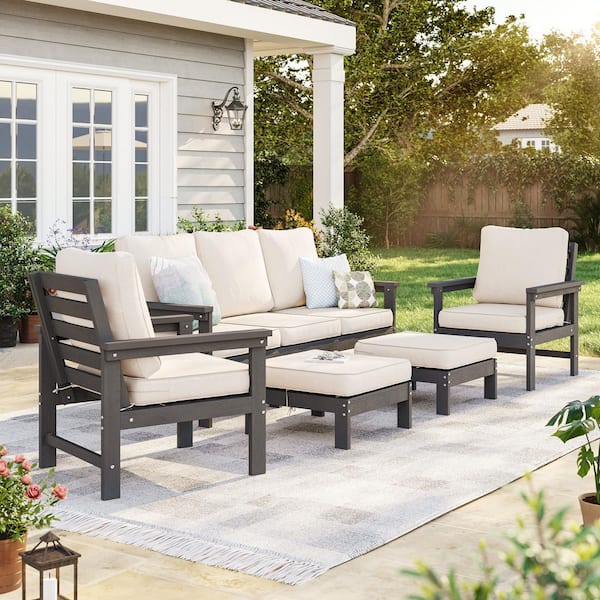 5-Piece HIPS All-Weather Plastic Patio Conversation Set with 3.9 in. Solution-Dyed Beige Cushion, Grey