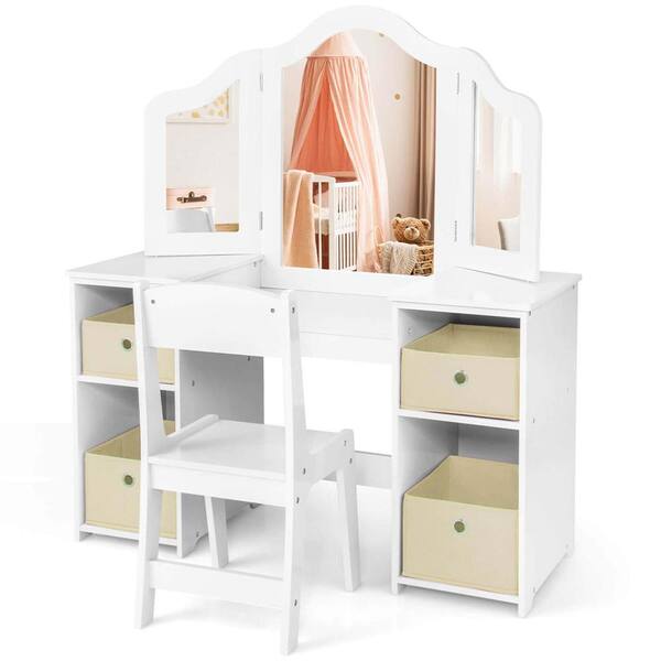 Princess Vanity Set For Girls, With Touch Lights, Mirror, Stool & Wood Playset, Gift For Ages 3-9