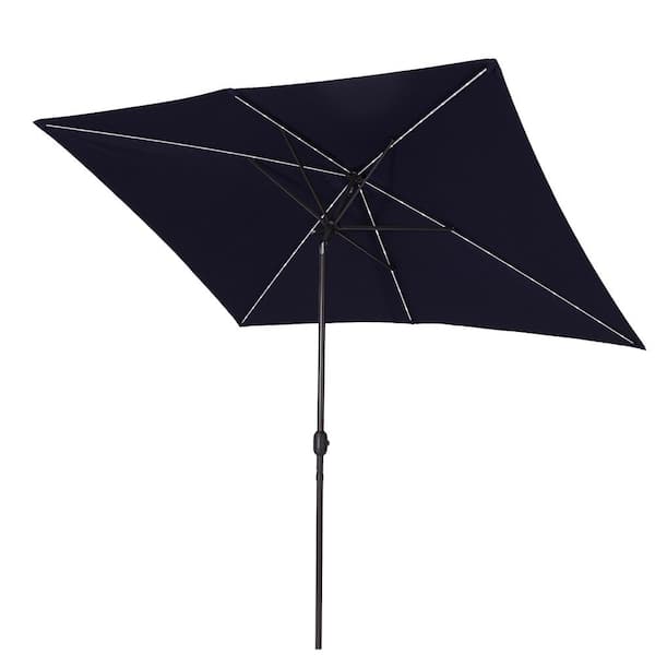 ANGELES HOME 8-1/5 ft. x 7 ft. 50 Plus UPF Rectangle Crank Tilt Aluminum Market Solar LED Lighted Patio Umbrella without Base in Navy