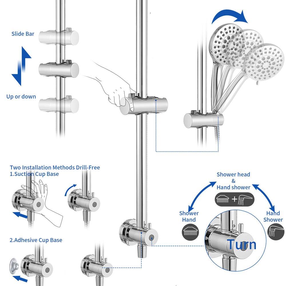 Chrome 5-Spray Wall Mount Shower Head with Handheld