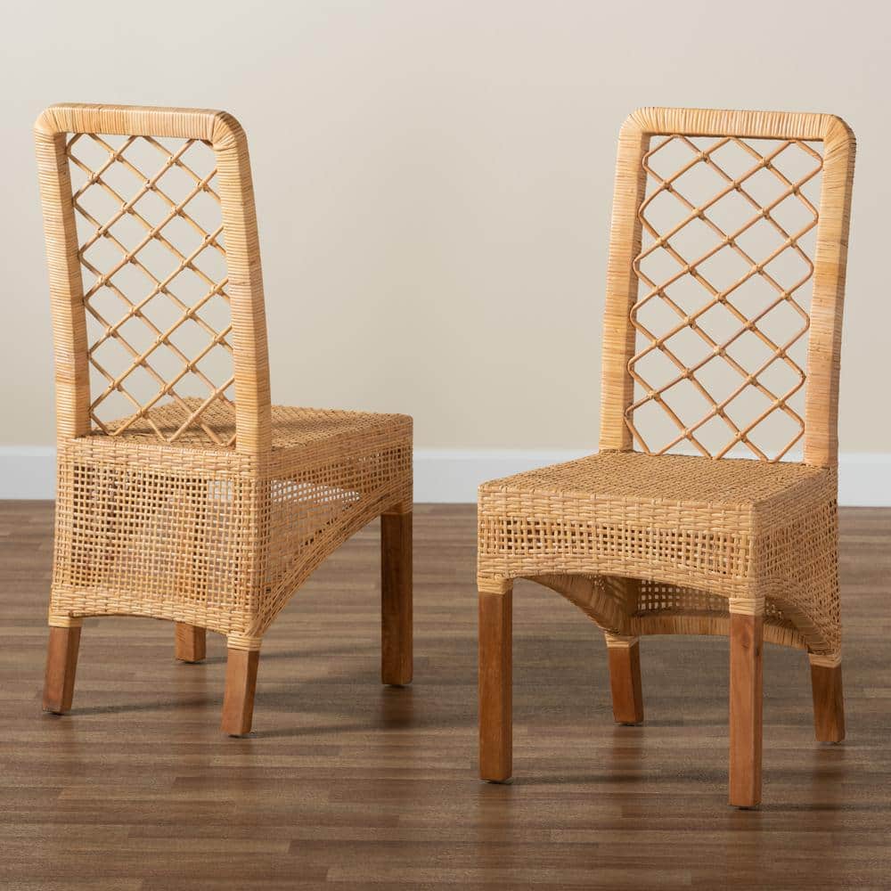Natural Brown Mahogany Wood and Cane Dining Chair Set